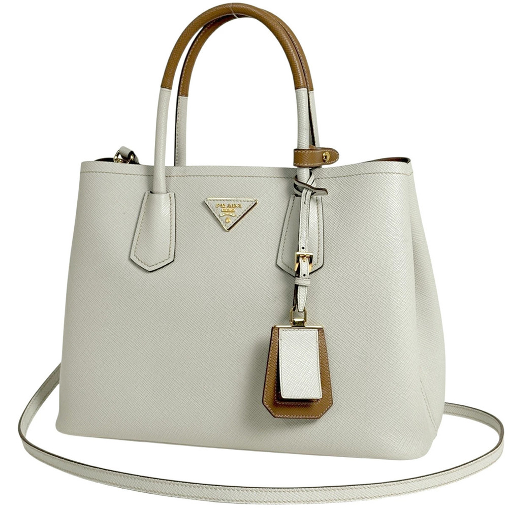 Prada Double Handbag Shoulder Bag Saffiano Leather White Brown